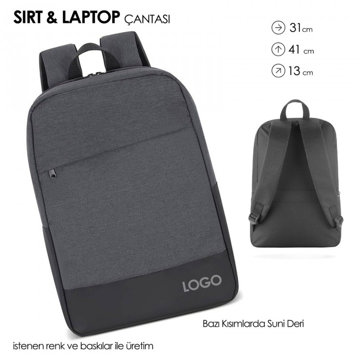 Promosyon Suni Deri Detaylı Gri Siyah Laptop Sırt Çantası